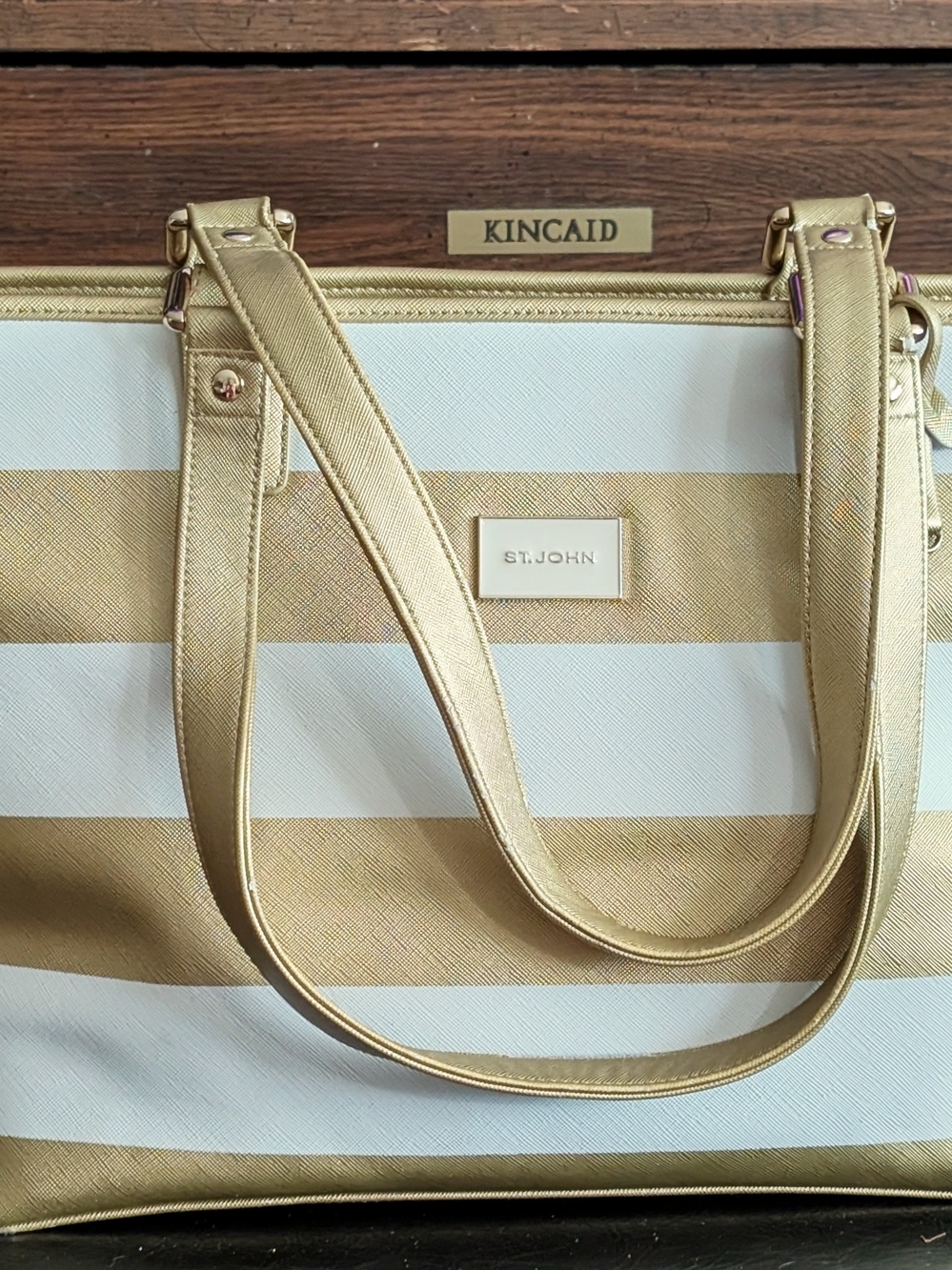 St. John Metallic Gold and Cream Striped Tote